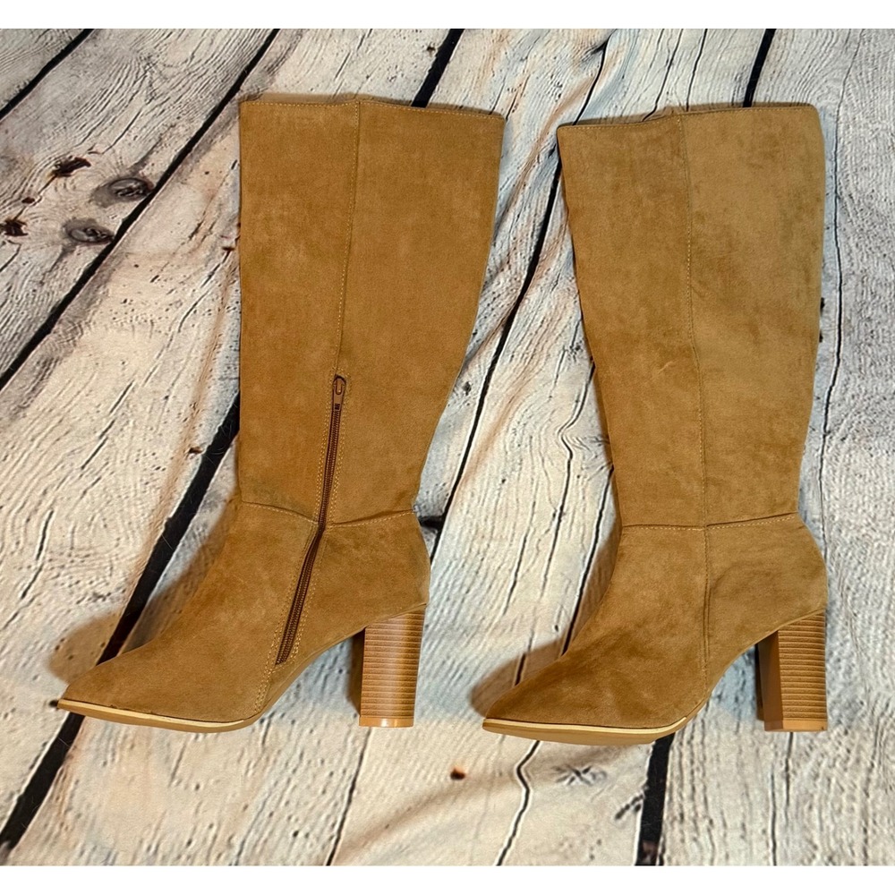 Amazon Womens Tan Faux Suede Pointed Toe Tall Boots Block Heel‎ Size 42(11.5/12)